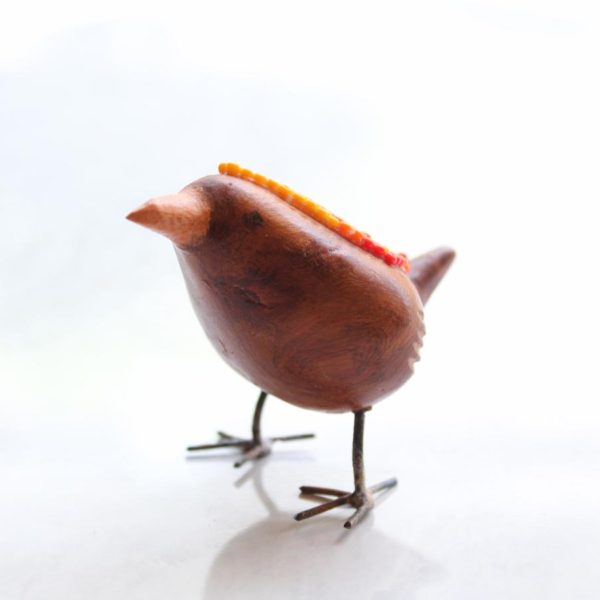 Canario mini tallado a mano con arte huichol Rojo Naranja